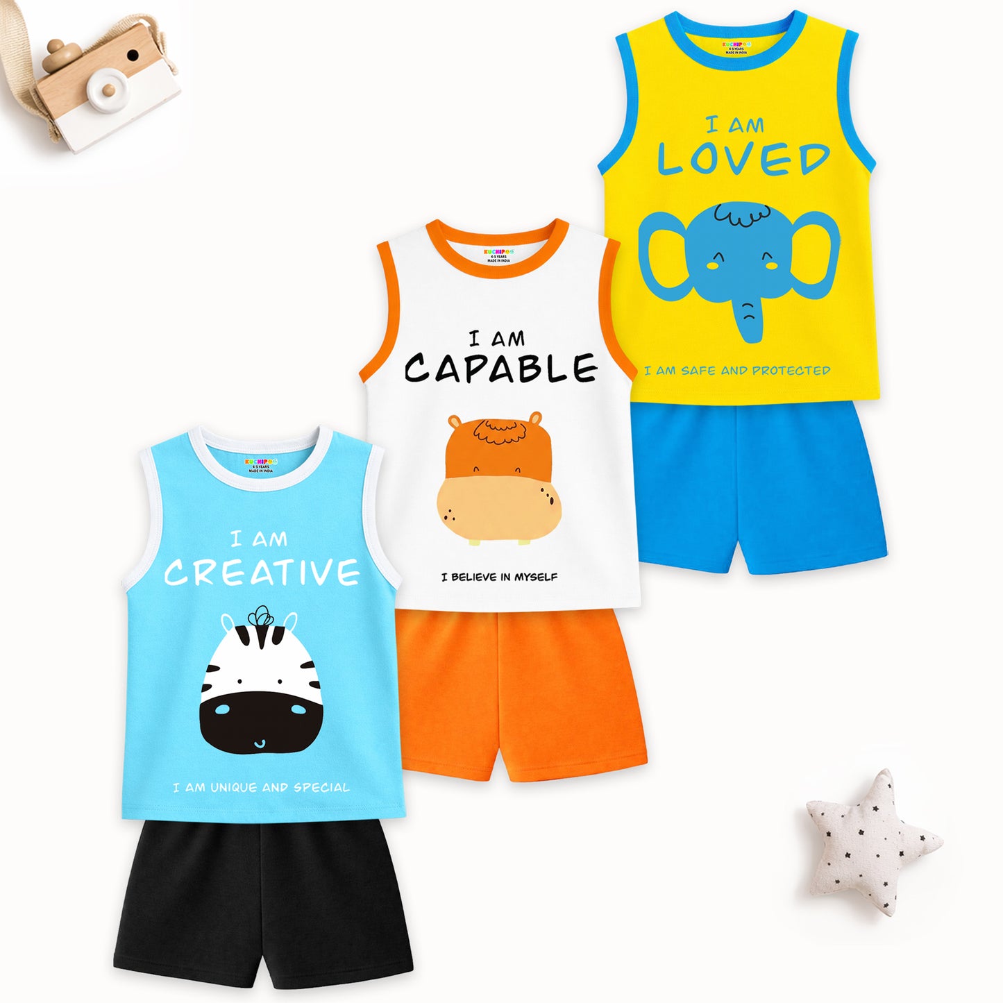 Kuchipoo Kids Sleeveless Cotton Tshirt & Shorts Set | Printed Summer Co-Ord Sets for Boys | Pack of 3