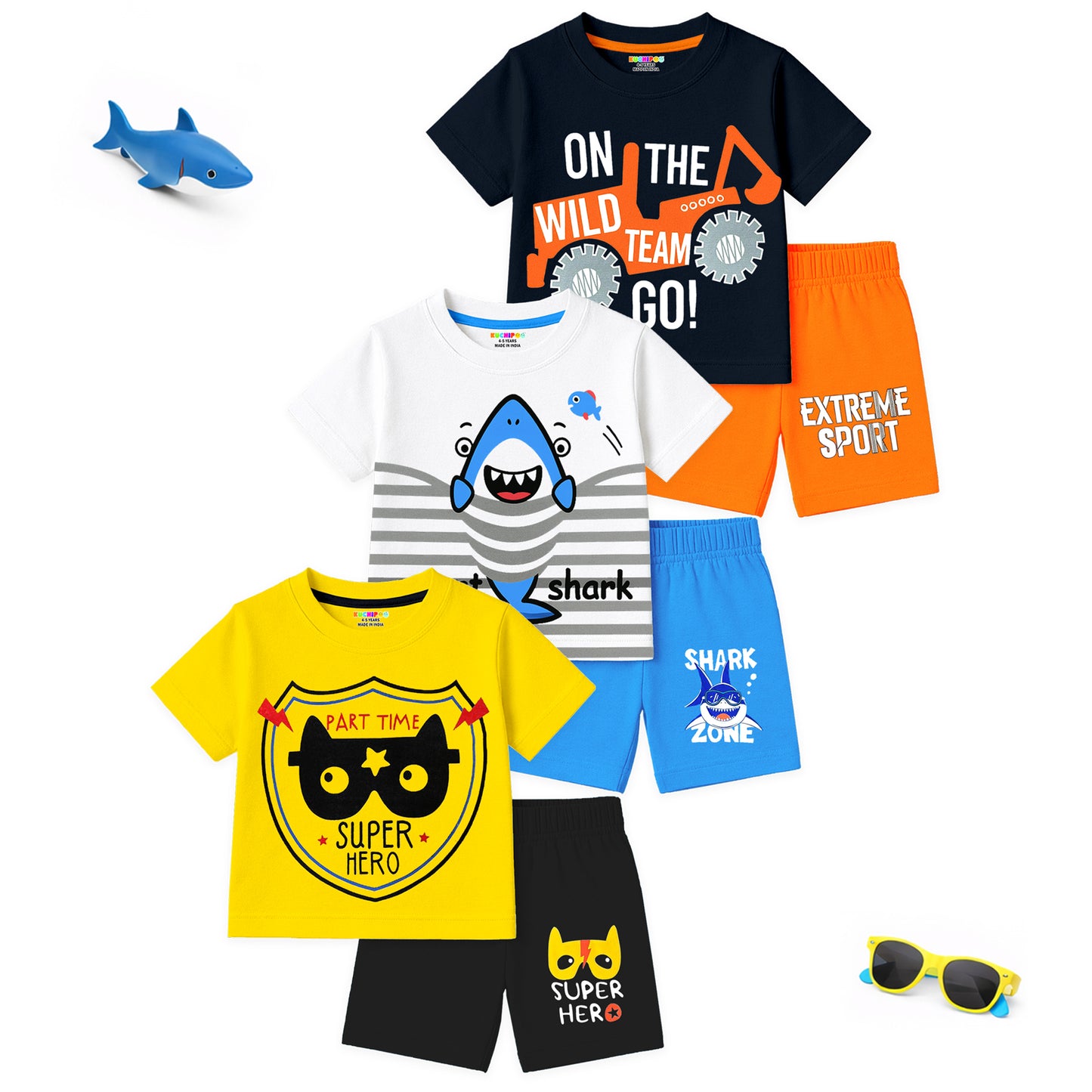 Kuchipoo Boys Cotton T-Shirt & Shorts | Printed Summer Wear Set | Soft & Comfortable Kids Clothing | Pack of 3