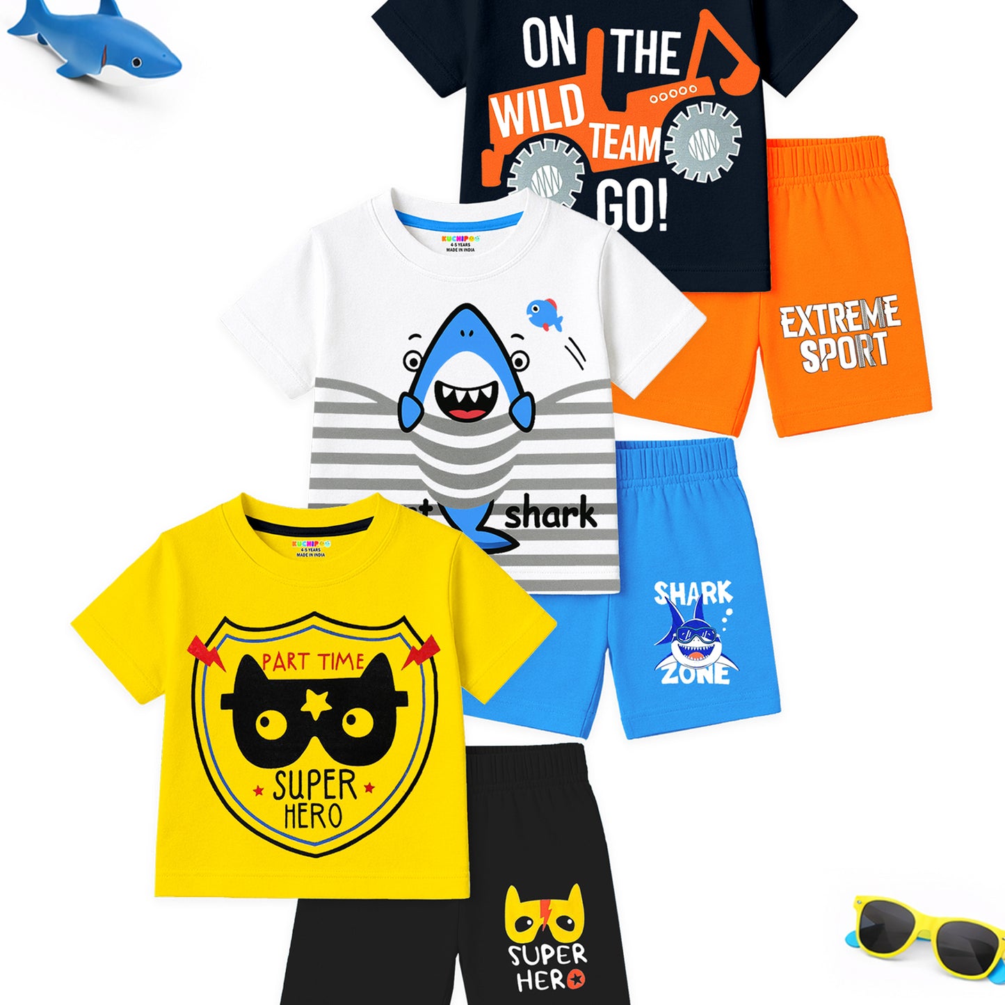Kuchipoo Boys Cotton T-Shirt & Shorts | Printed Summer Wear Set | Soft & Comfortable Kids Clothing | Pack of 3