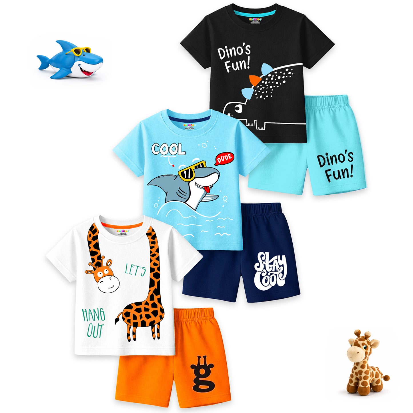 Kuchipoo Boys Cotton T-Shirt & Shorts | Printed Summer Wear Set | Soft & Comfortable Kids Clothing | Pack of 3