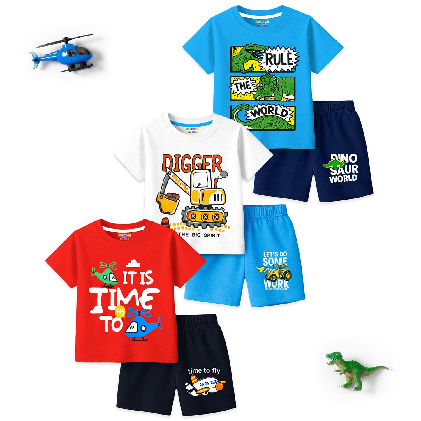 Kuchipoo Boys Cotton T-Shirt & Shorts | Printed Summer Wear Set | Soft & Comfortable Kids Clothing | Pack of 3