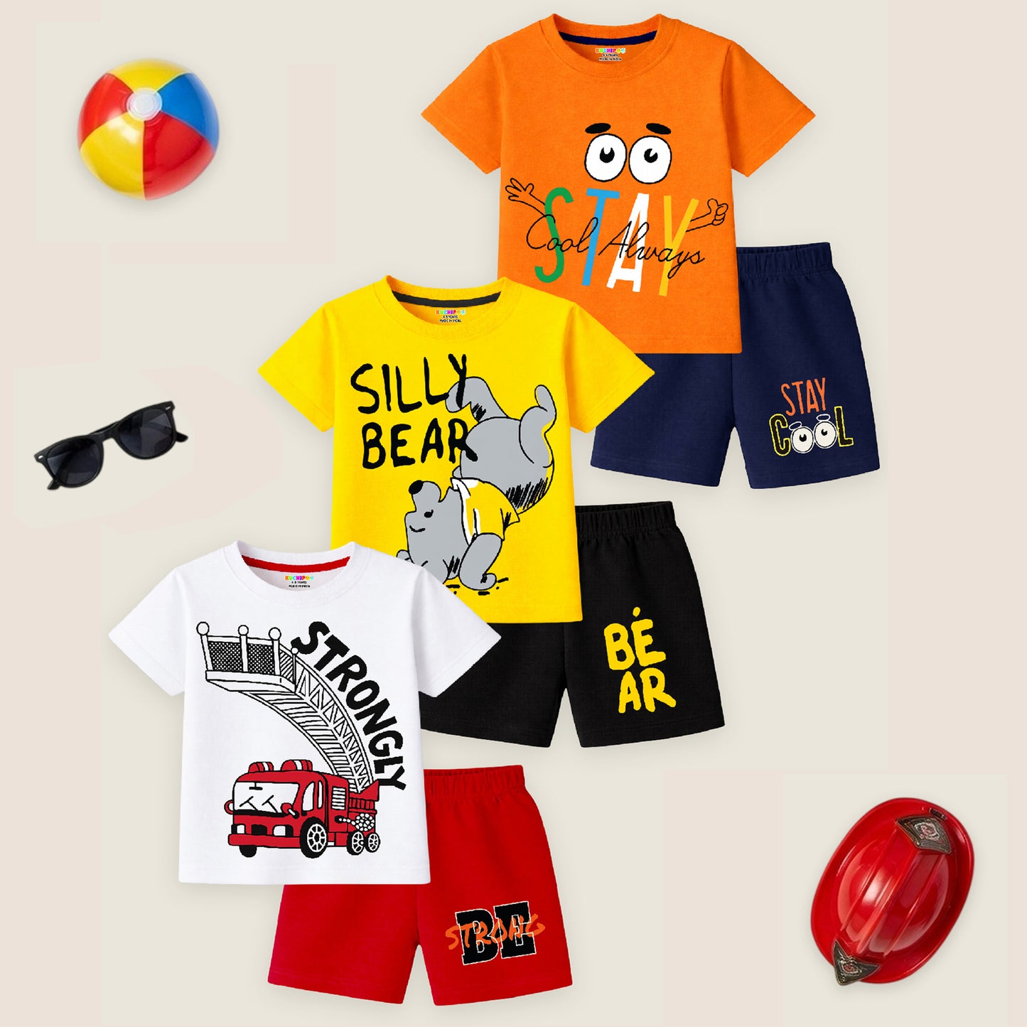 Kuchipoo Boys Cotton T-Shirt & Shorts | Printed Summer Wear Set | Soft & Comfortable Kids Clothing | Pack of 3