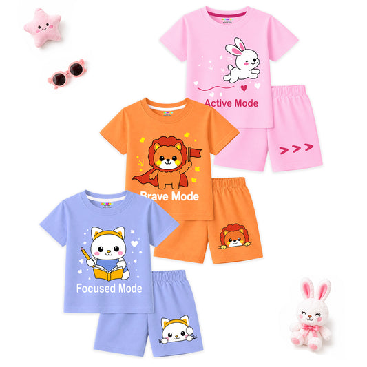 Kuchipoo Girls Cotton T-Shirt & Shorts | Printed Summer Wear Set | Soft & Comfortable Kids Clothing | Pack of 3