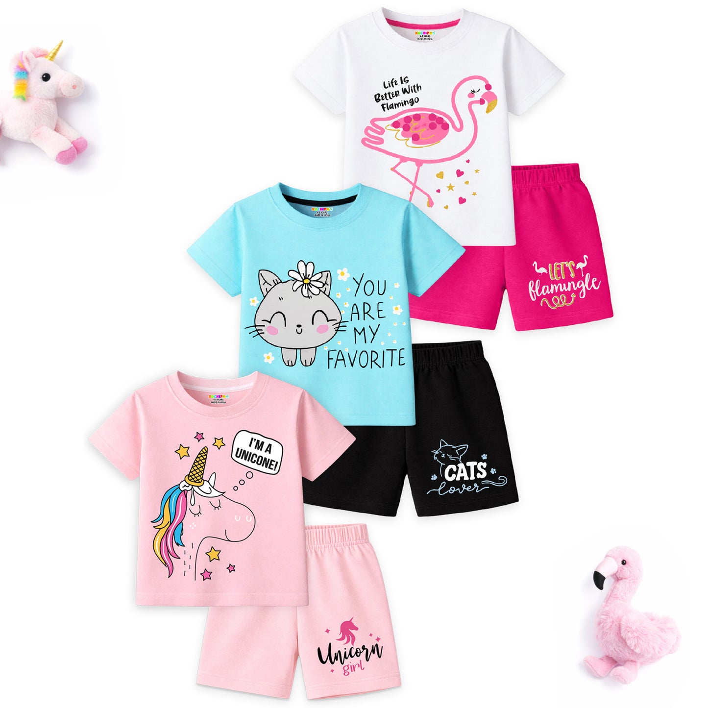 Kuchipoo Girls Cotton T-Shirt & Shorts | Printed Summer Wear Set | Soft & Comfortable Kids Clothing | Pack of 3