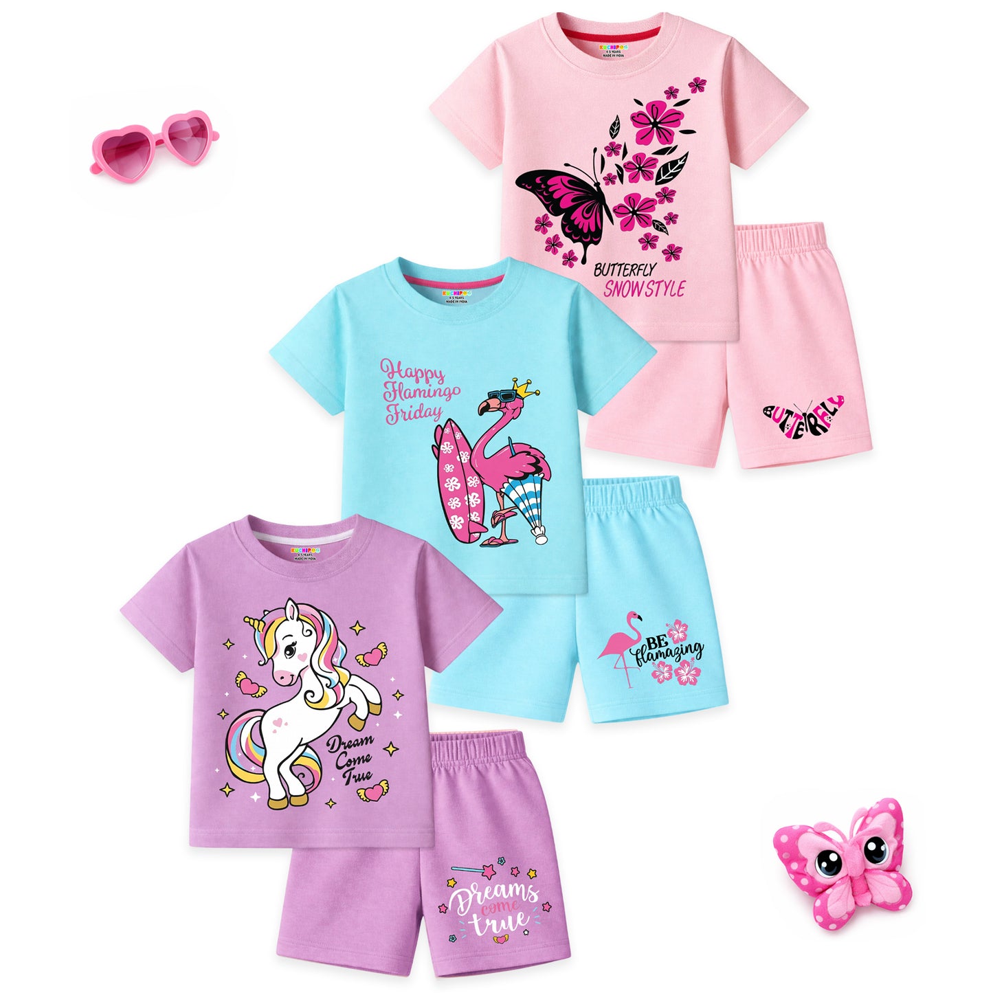 Kuchipoo Girls Cotton T-Shirt & Shorts | Printed Summer Wear Set | Soft & Comfortable Kids Clothing | Pack of 3