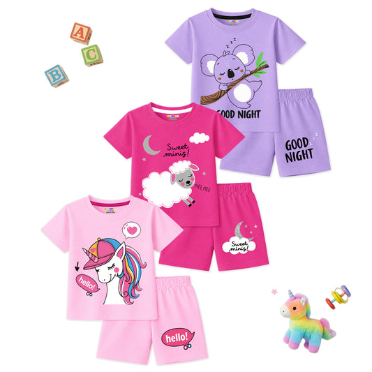 Kuchipoo Girls Cotton T-Shirt & Shorts | Printed Summer Wear Set | Soft & Comfortable Kids Clothing | Pack of 3