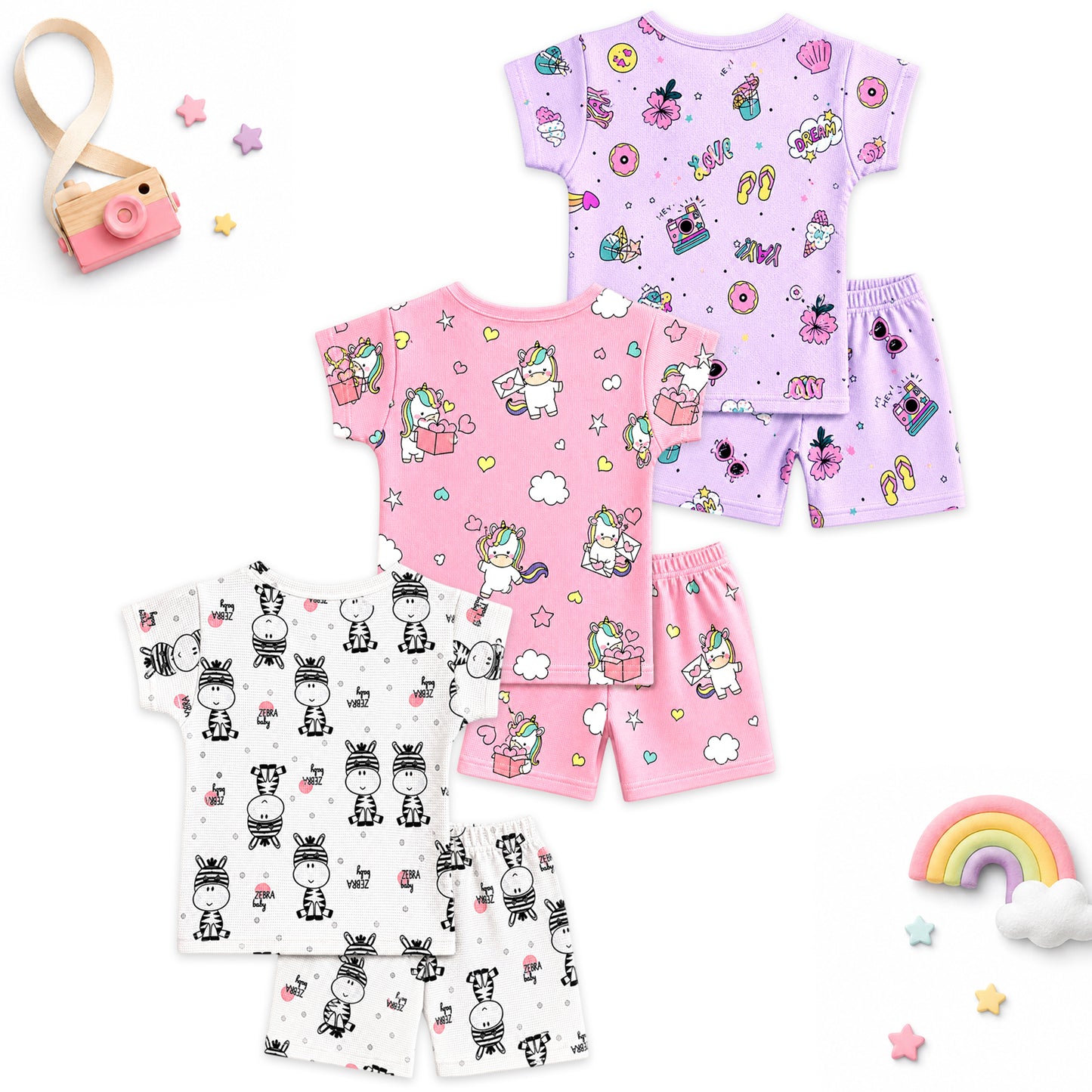 Kuchipoo Girls Cotton T-Shirt & Shorts | Printed Summer Wear Set | Soft & Comfortable Kids Clothing | Pack of 3