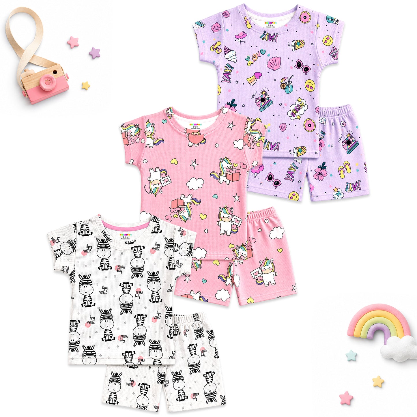 Kuchipoo Girls Cotton T-Shirt & Shorts | Printed Summer Wear Set | Soft & Comfortable Kids Clothing | Pack of 3