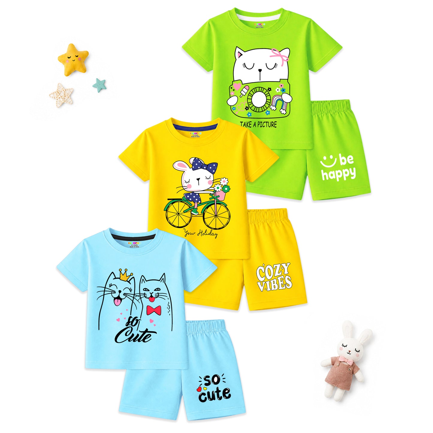 Kuchipoo Girls Cotton T-Shirt & Shorts | Printed Summer Wear Set | Soft & Comfortable Kids Clothing | Pack of 3