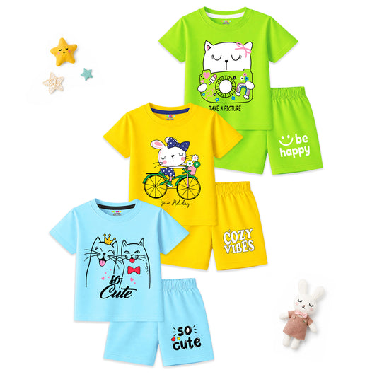 Kuchipoo Girls Cotton T-Shirt & Shorts | Printed Summer Wear Set | Soft & Comfortable Kids Clothing | Pack of 3
