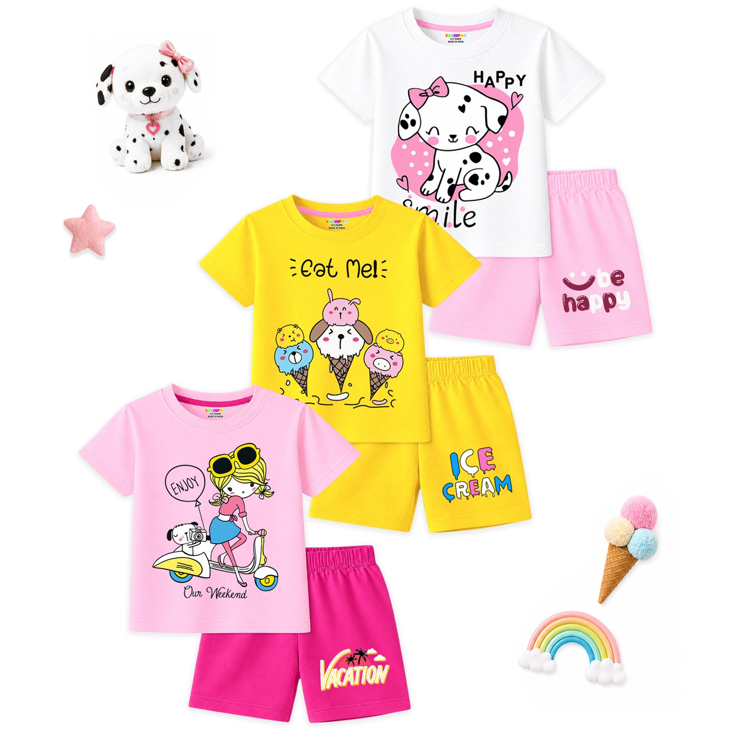 Kuchipoo Girls Cotton T-Shirt & Shorts | Printed Summer Wear Set | Soft & Comfortable Kids Clothing | Pack of 3