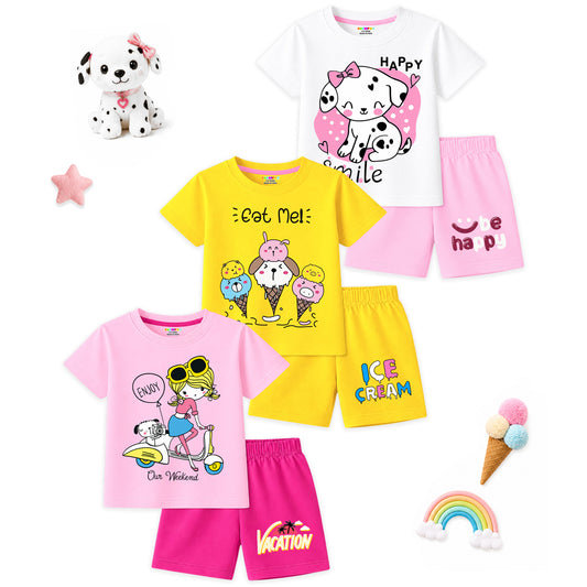 Kuchipoo Girls Cotton T-Shirt & Shorts | Printed Summer Wear Set | Soft & Comfortable Kids Clothing | Pack of 3