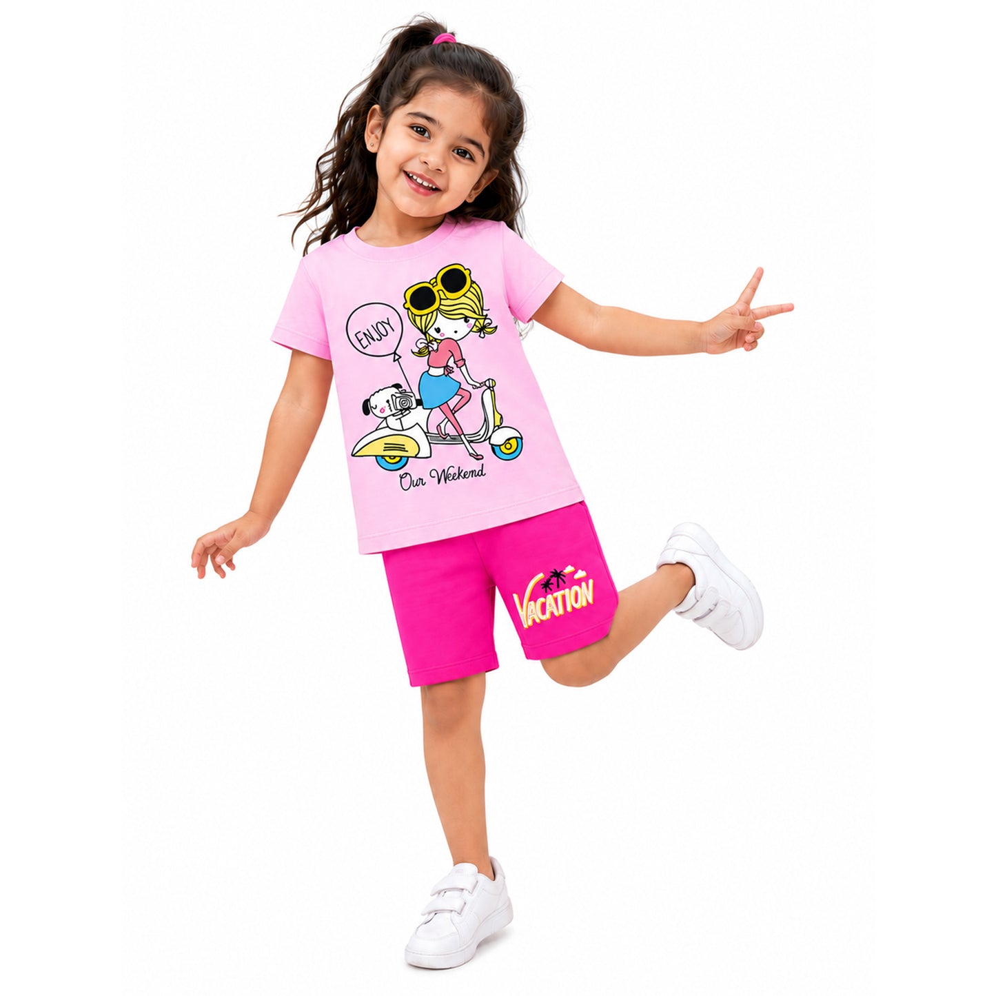 Kuchipoo Girls Cotton T-Shirt & Shorts | Printed Summer Wear Set | Soft & Comfortable Kids Clothing | Pack of 3