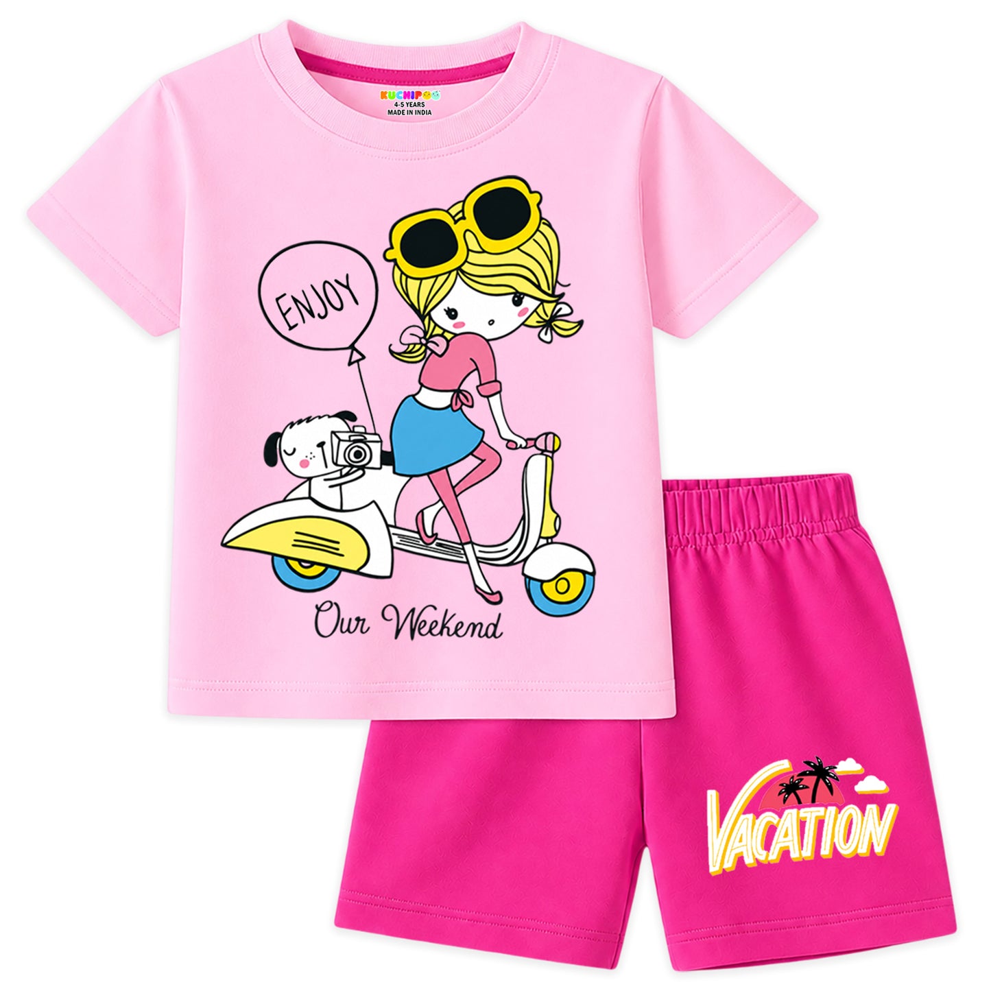 Kuchipoo Girls Cotton T-Shirt & Shorts | Printed Summer Wear Set | Soft & Comfortable Kids Clothing | Pack of 3