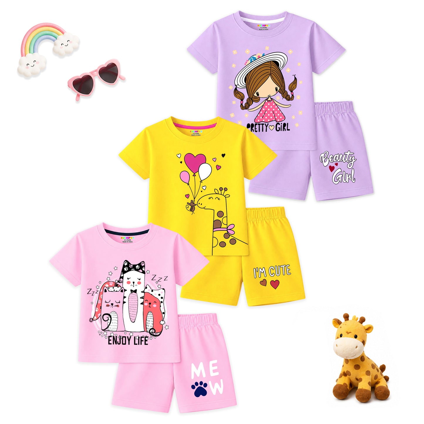 Kuchipoo Girls Cotton T-Shirt & Shorts | Printed Summer Wear Set | Soft & Comfortable Kids Clothing | Pack of 3 (Copy)