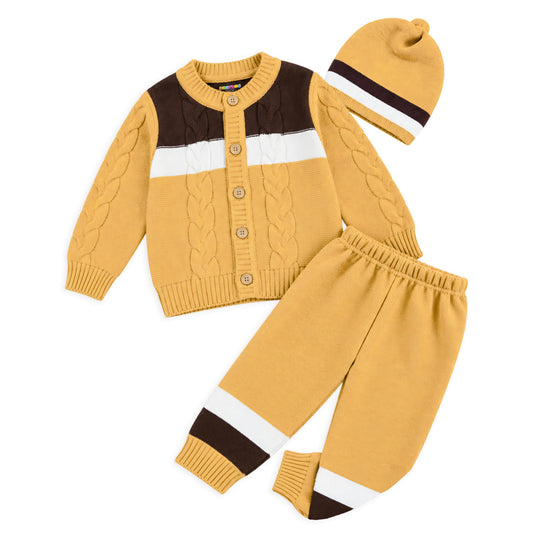 Kuchipoo Baby Boys and Baby Girls 3 Piece Woolen Winter Set | Front Open Sweater, Pyjamas & Matching Cap | Warm Kids Winterwear