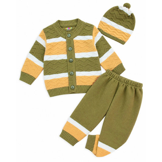 Kuchipoo Baby Boys and Baby Girls 3 Piece Woolen Winter Set | Front Open Sweater, Pyjamas & Matching Cap | Warm Kids Winterwear