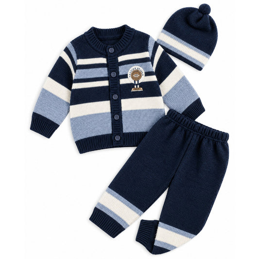 Kuchipoo Baby Boys and Baby Girls 3 Piece Woolen Winter Set | Front Open Sweater, Pyjamas & Matching Cap | Warm Kids Winterwear