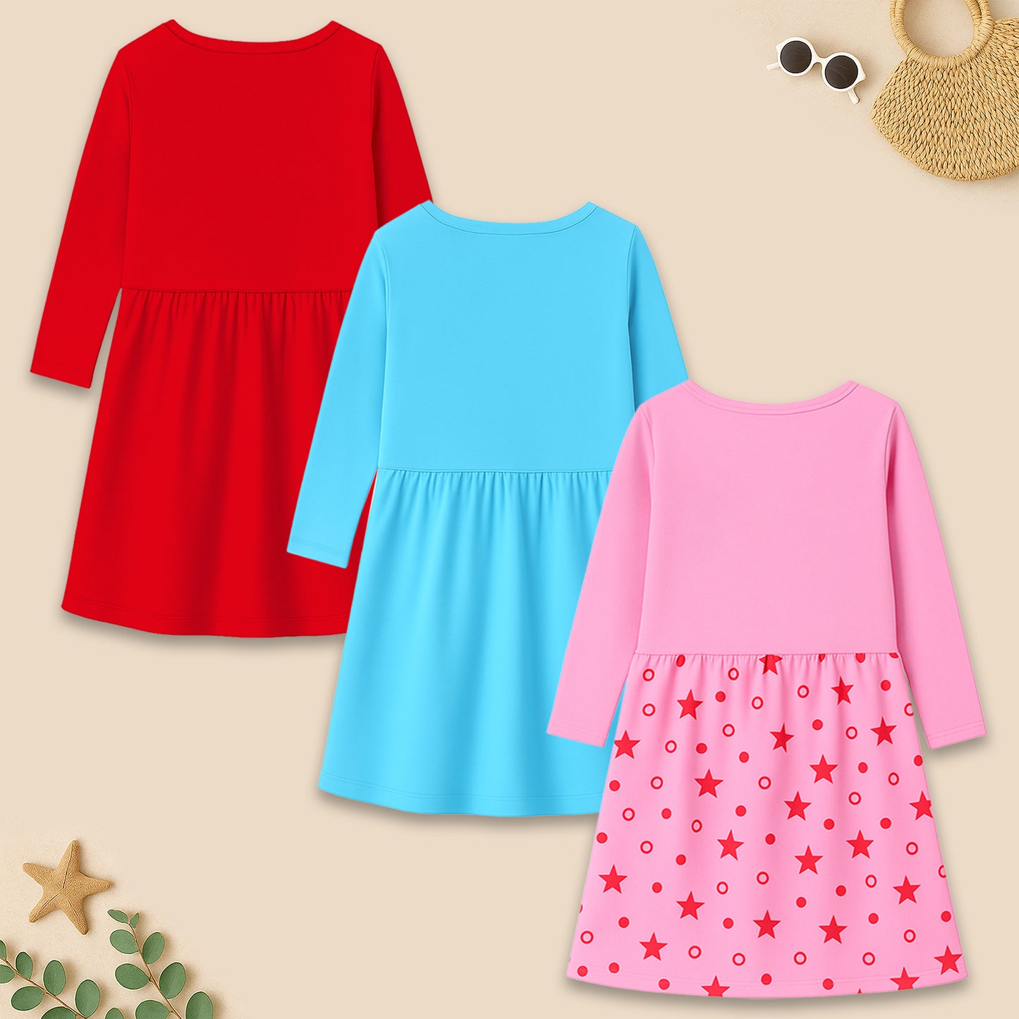 Kuchipoo Girls Full Sleeves Cotton Dress - Pack of 3