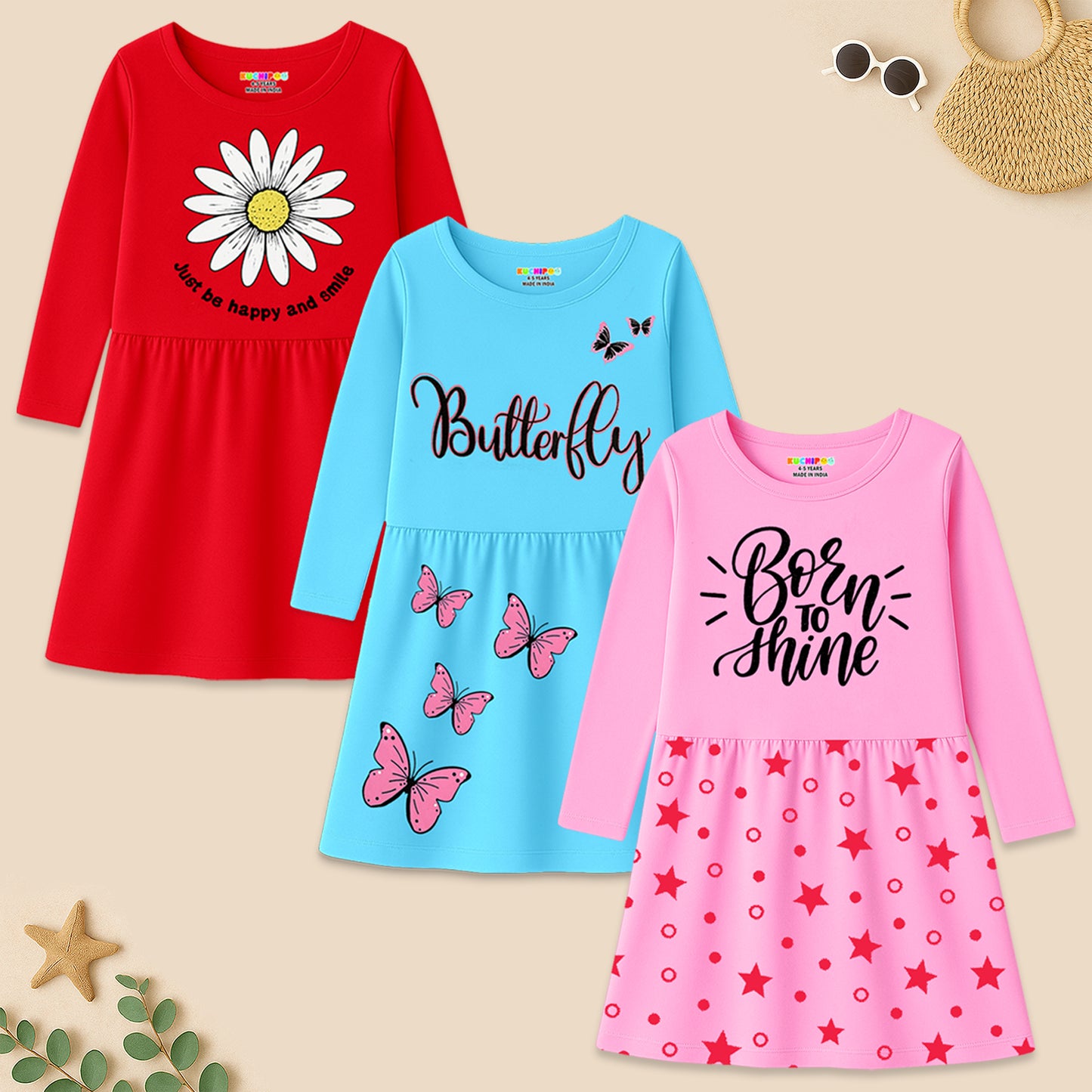 Kuchipoo Girls Full Sleeves Cotton Dress - Pack of 3