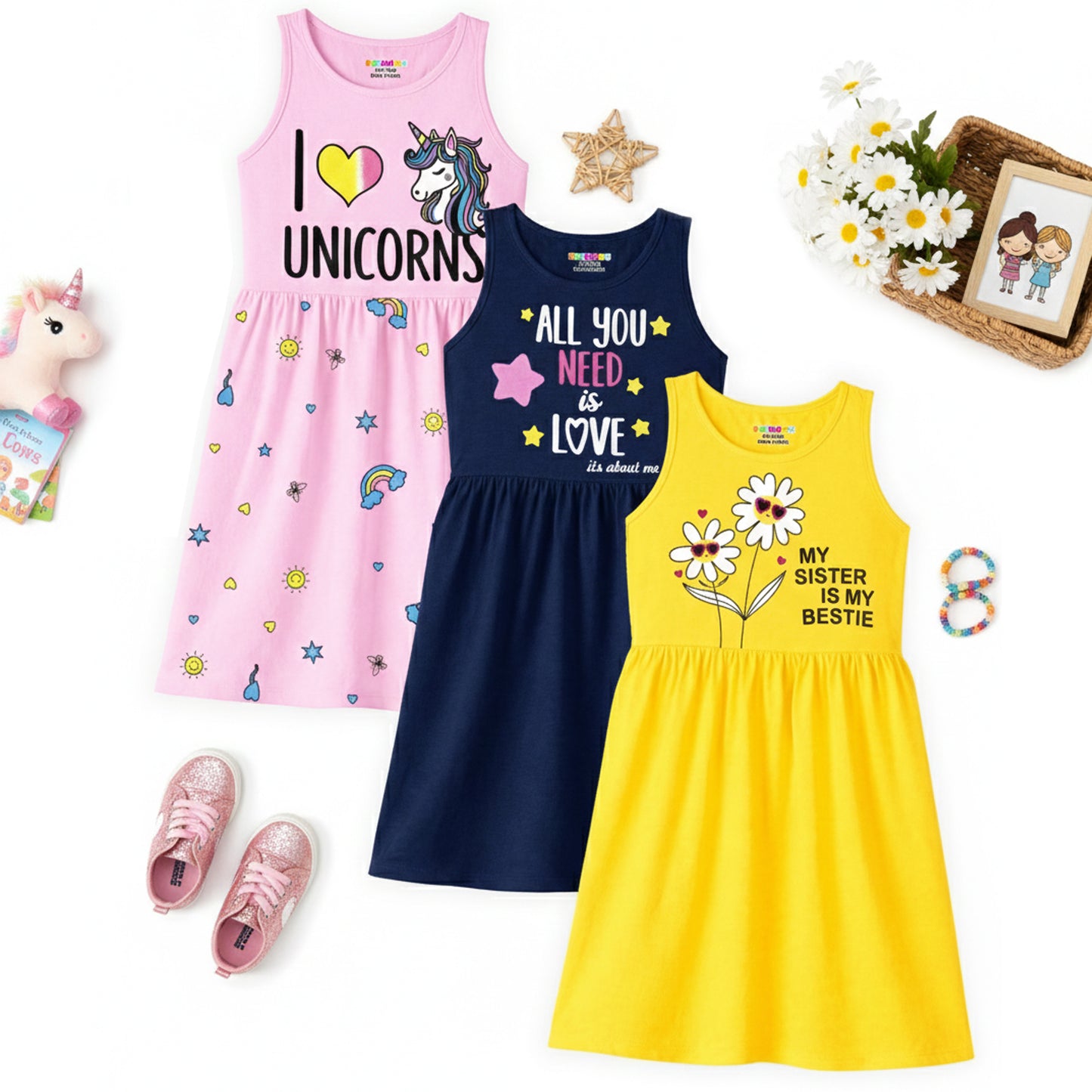 Kuchipoo Girls Regular Fit Cotton Frocks - Pack of 3