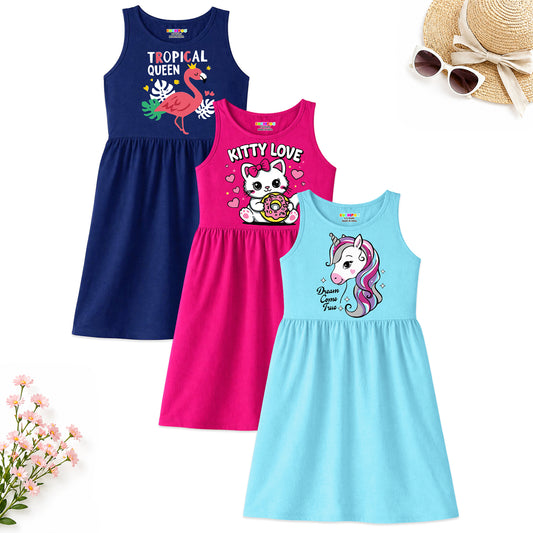 Kuchipoo Girls Sleeveless Cotton Frock Dress | Printed Summer Dresses for Girls | Unicorn, Love & Floral Designs - Pack of 3