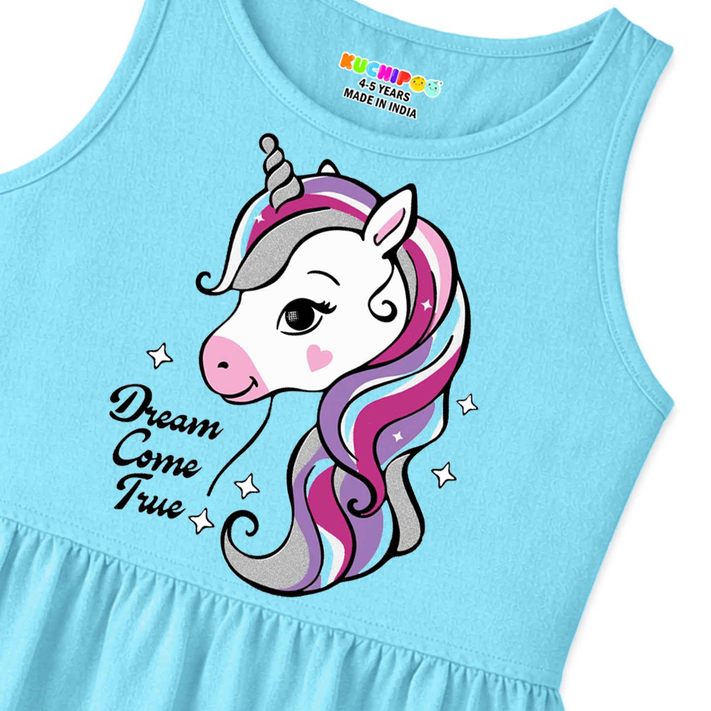 Kuchipoo Girls Sleeveless Cotton Frock Dress | Printed Summer Dresses for Girls | Unicorn, Love & Floral Designs - Pack of 3