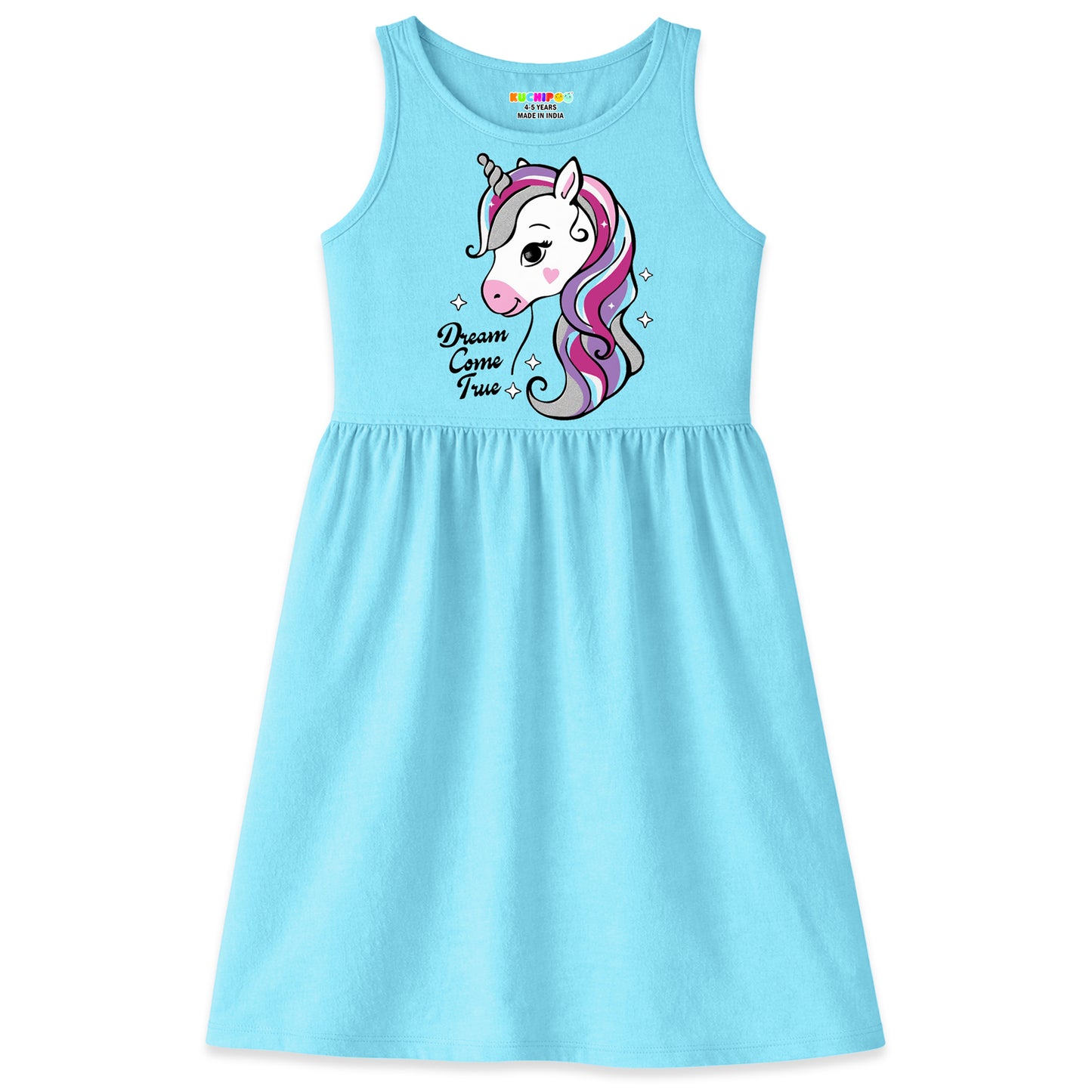 Kuchipoo Girls Sleeveless Cotton Frock Dress | Printed Summer Dresses for Girls | Unicorn, Love & Floral Designs - Pack of 3