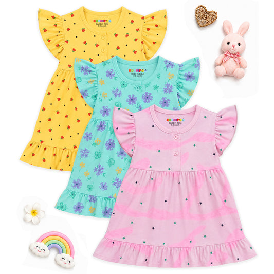 Kuchipoo Baby Girls 100% Cotton Frock - Pack of 3