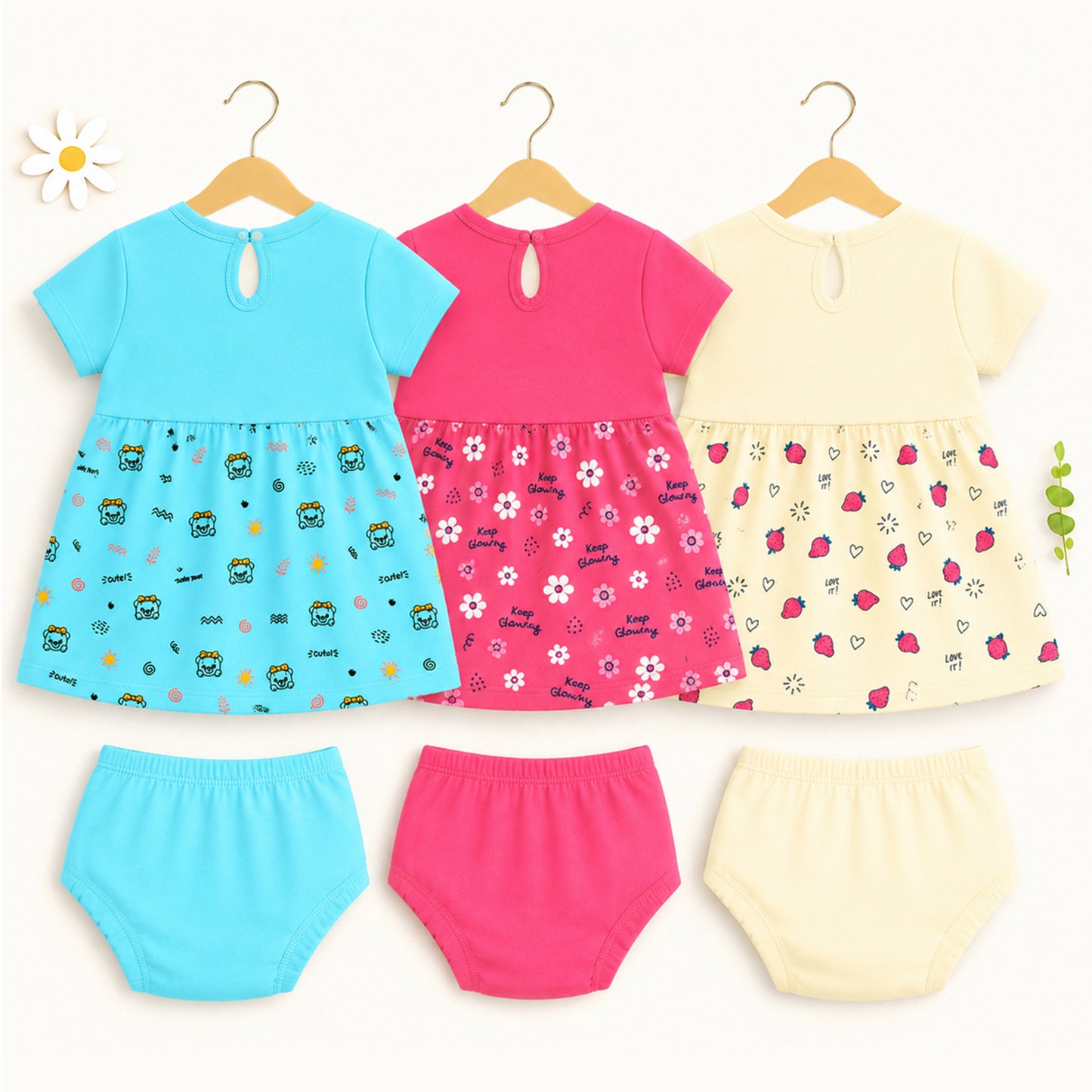 Kuchipoo Baby Girls 100% Cotton Frock and Panty Set - Pack of 3