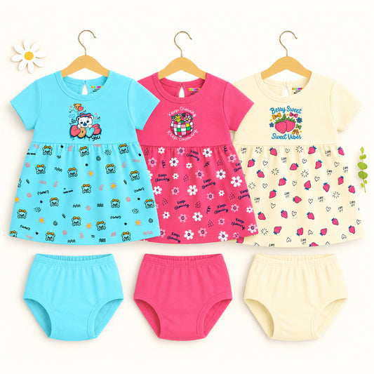 Kuchipoo Baby Girls 100% Cotton Frock and Panty Set - Pack of 3