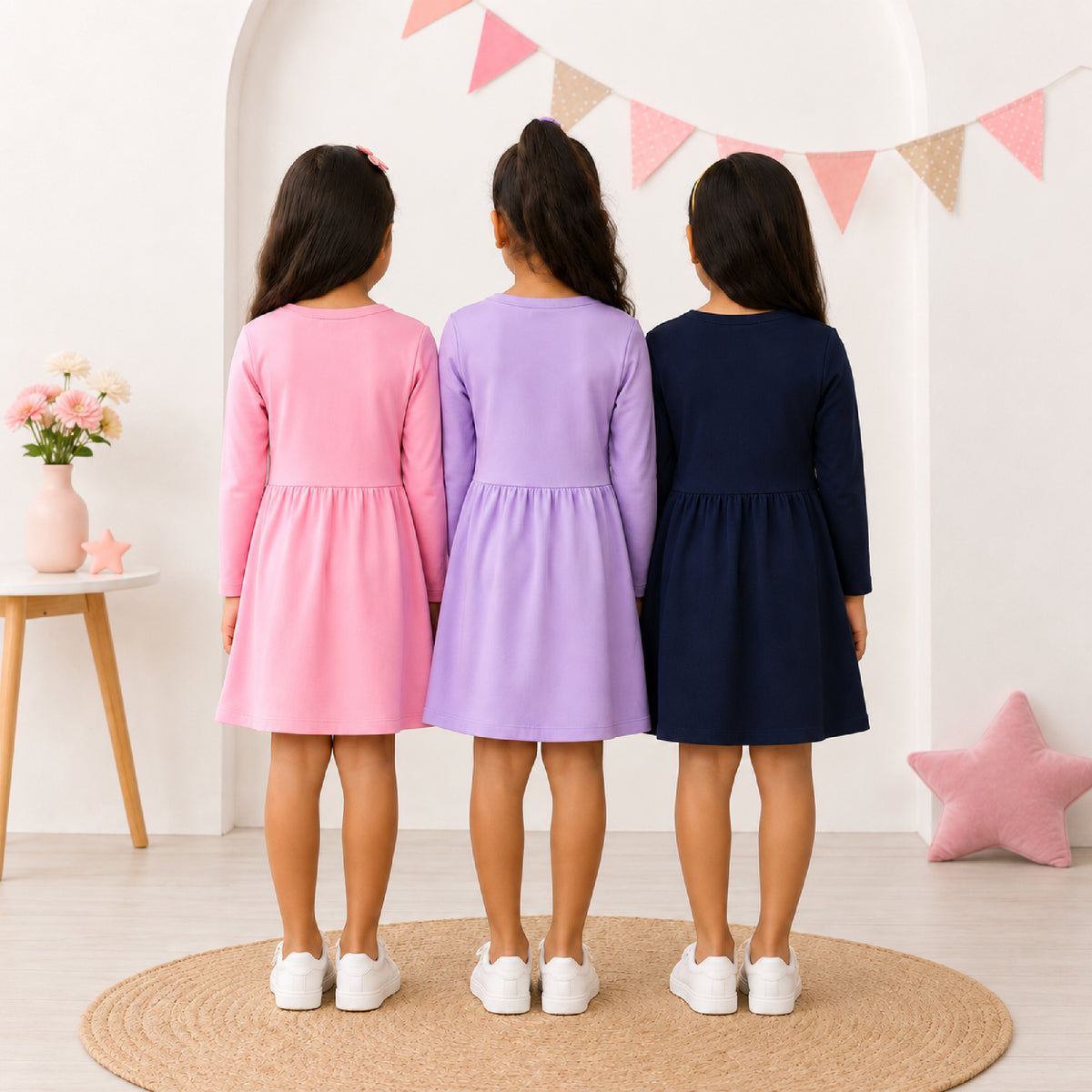 Kuchipoo Girls Cotton Printed Dresses Pack of 3 | Full Sleeve Round Neck Casual Frocks | Soft & Comfortable Everyday Wear for Kids