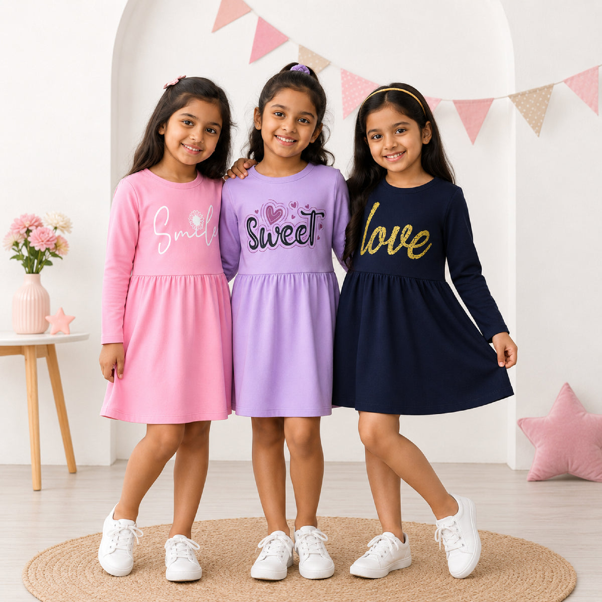 Kuchipoo Girls Cotton Printed Dresses Pack of 3 | Full Sleeve Round Neck Casual Frocks | Soft & Comfortable Everyday Wear for Kids
