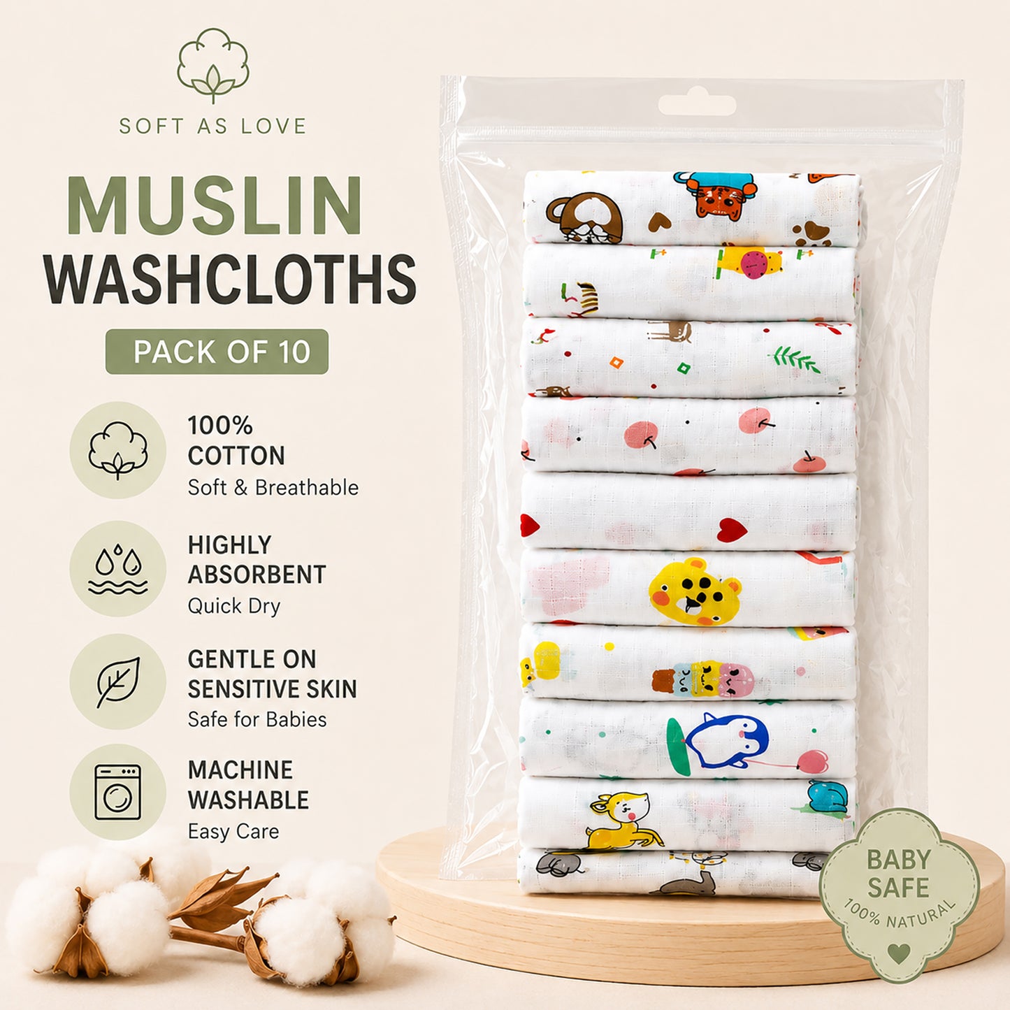 Kuchipoo 100% Muslin Double Layer Cotton Face Towels for Newborn Baby Extra Soft Hankies Reusable Napkins for Infants Toddlers/Kids (Pack of 10)