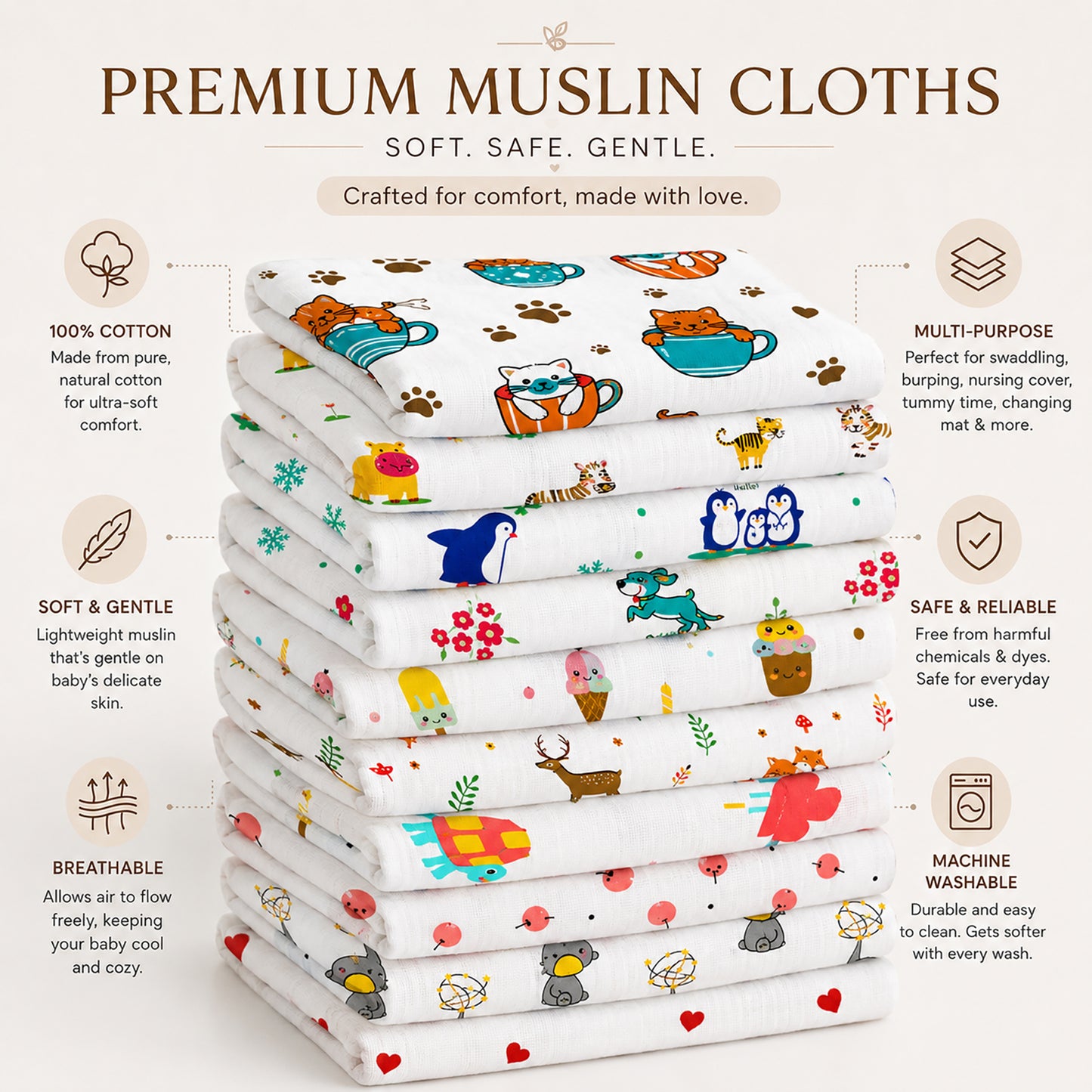 Kuchipoo 100% Muslin Double Layer Cotton Face Towels for Newborn Baby Extra Soft Hankies Reusable Napkins for Infants Toddlers/Kids (Pack of 10)