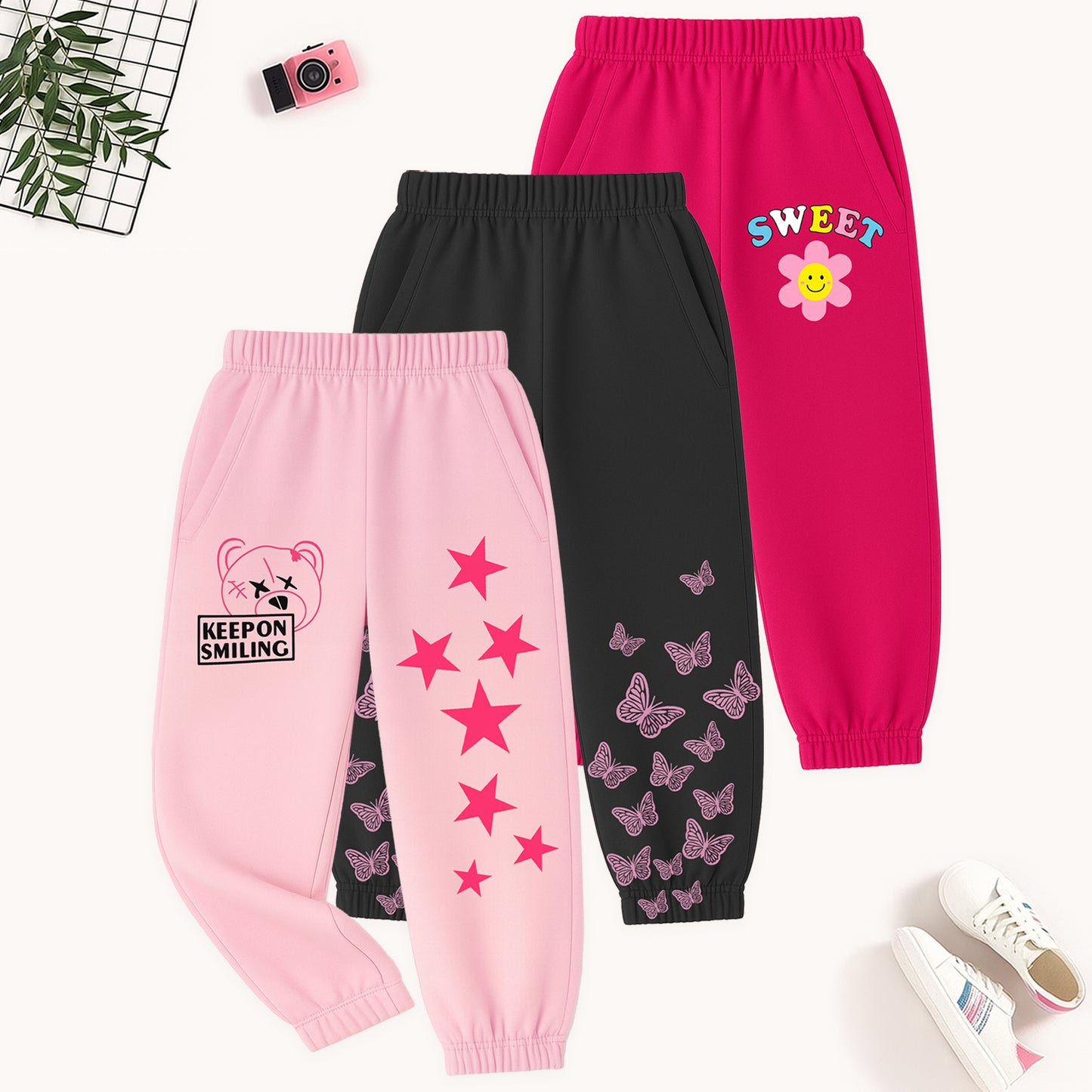 Kuchipoo Girls Regular Fit Track Pants with Pockets - Pack of 3