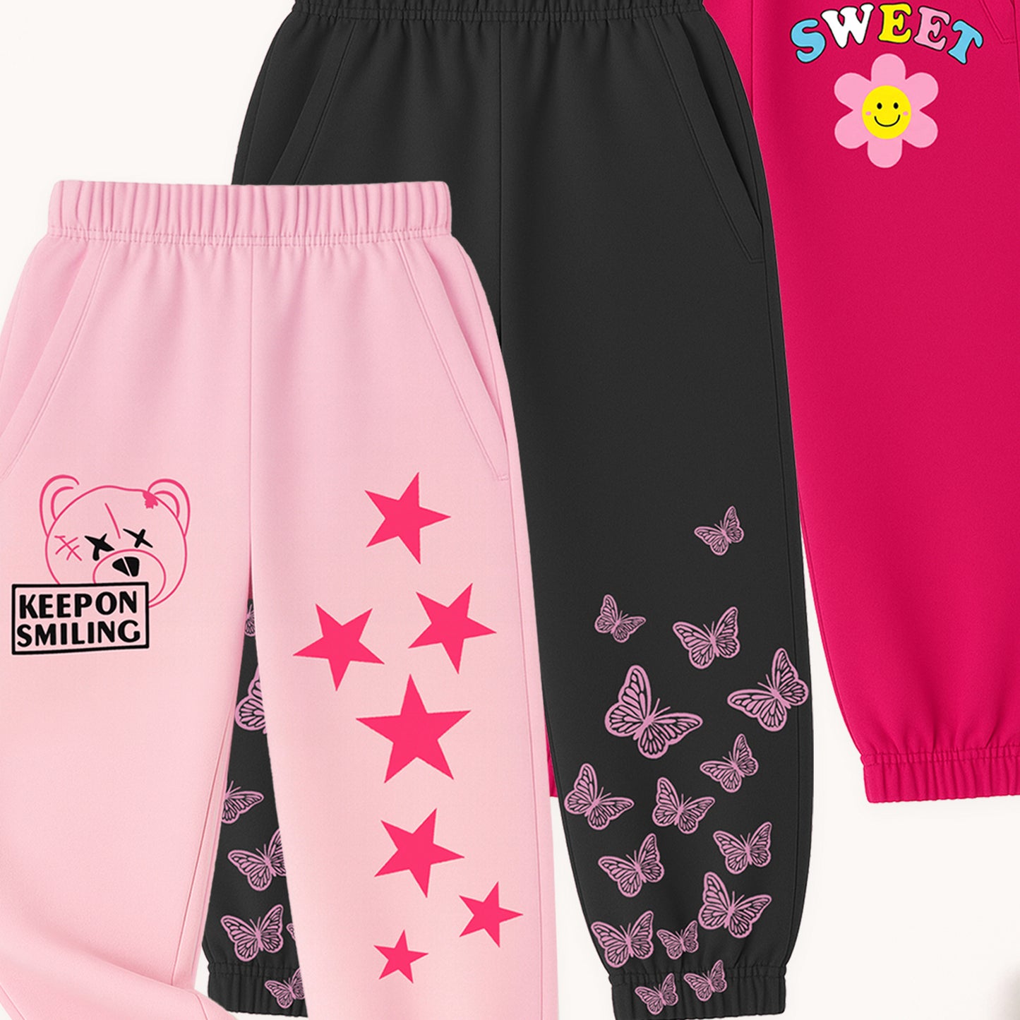 Kuchipoo Girls Regular Fit Track Pants with Pockets - Pack of 3