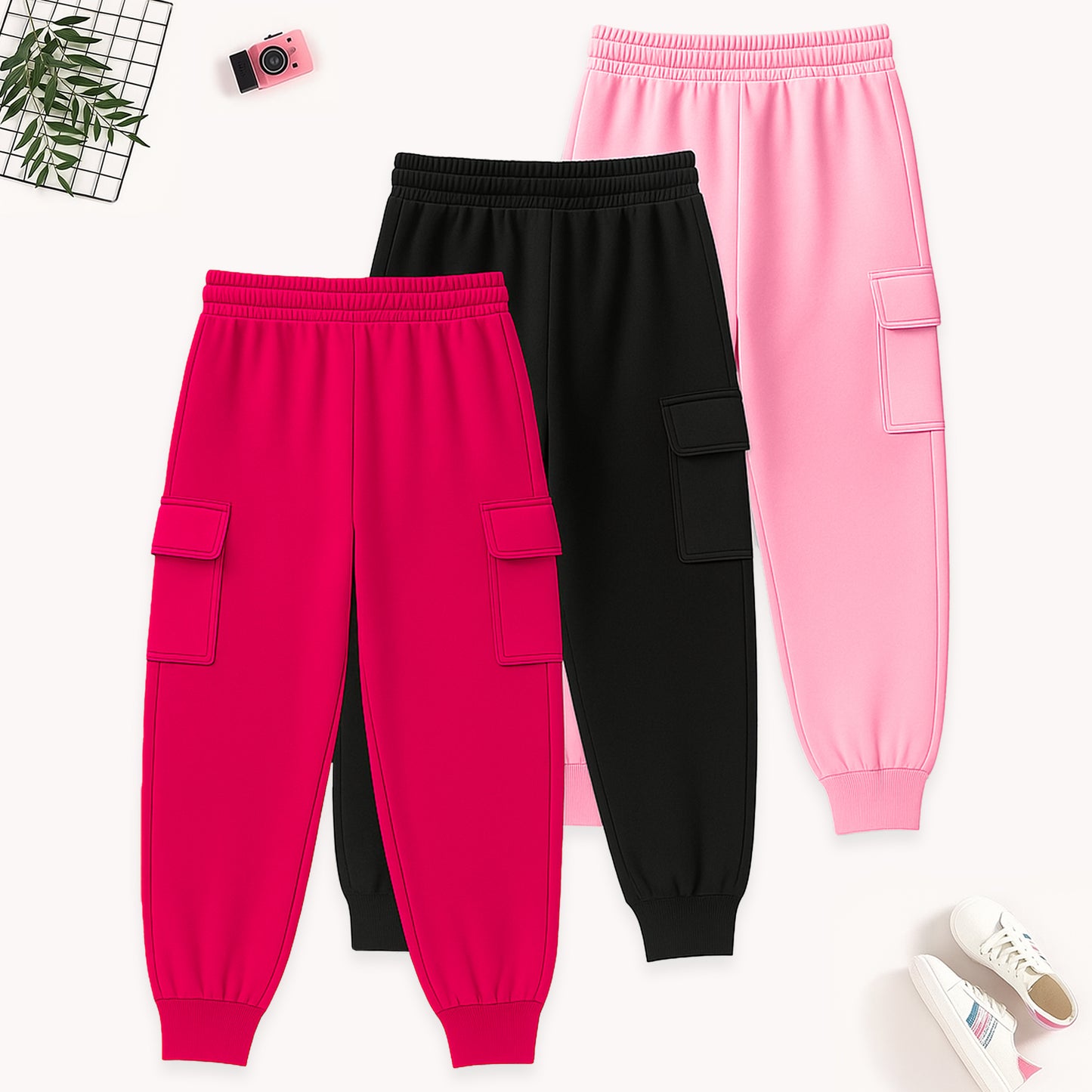Kuchipoo Girls 4 Pockets Cargo Joggers - Pack of 3