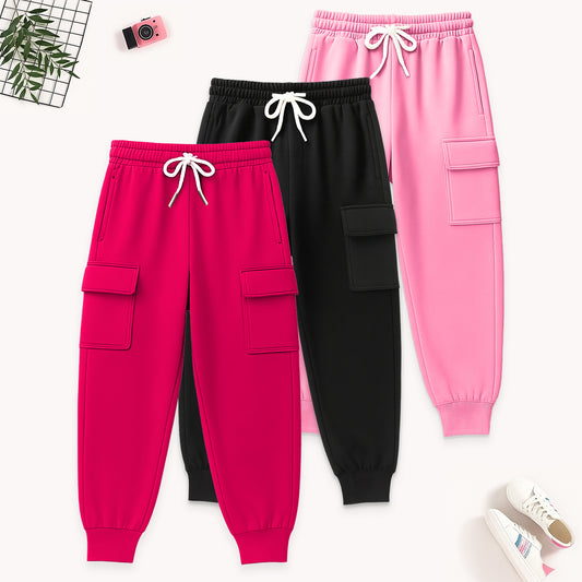 Kuchipoo Girls 4 Pockets Cargo Joggers - Pack of 3