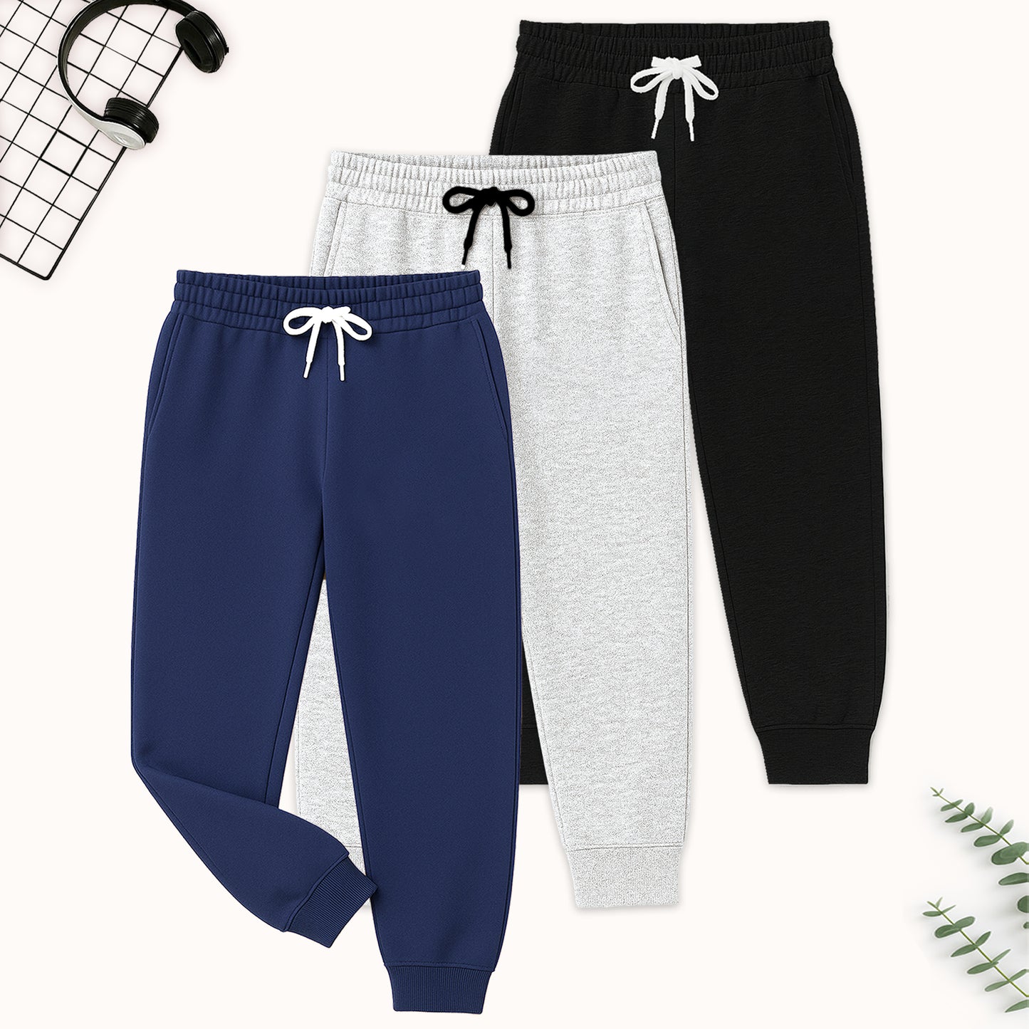 Kuchipoo Boys Solid Joggers | Elastic Waist Track Pants with Drawstring | Navy, Grey & Black - Pack of 3