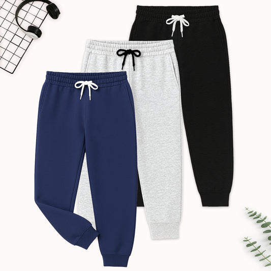 Kuchipoo Boys Solid Joggers | Elastic Waist Track Pants with Drawstring | Navy, Grey & Black - Pack of 3