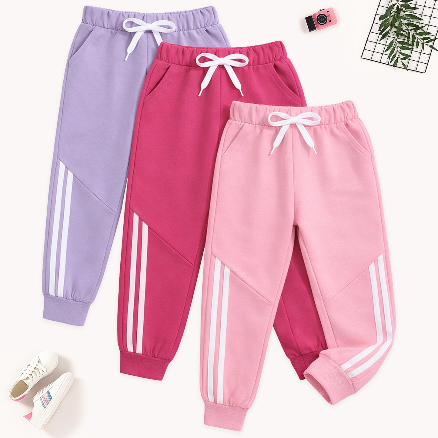Kuchipoo Girls Cotton Jogger Pants with Side Stripe Design, Elastic Waist & Drawstring – Soft & Comfortable Track Pants for Kids – Pack of 3