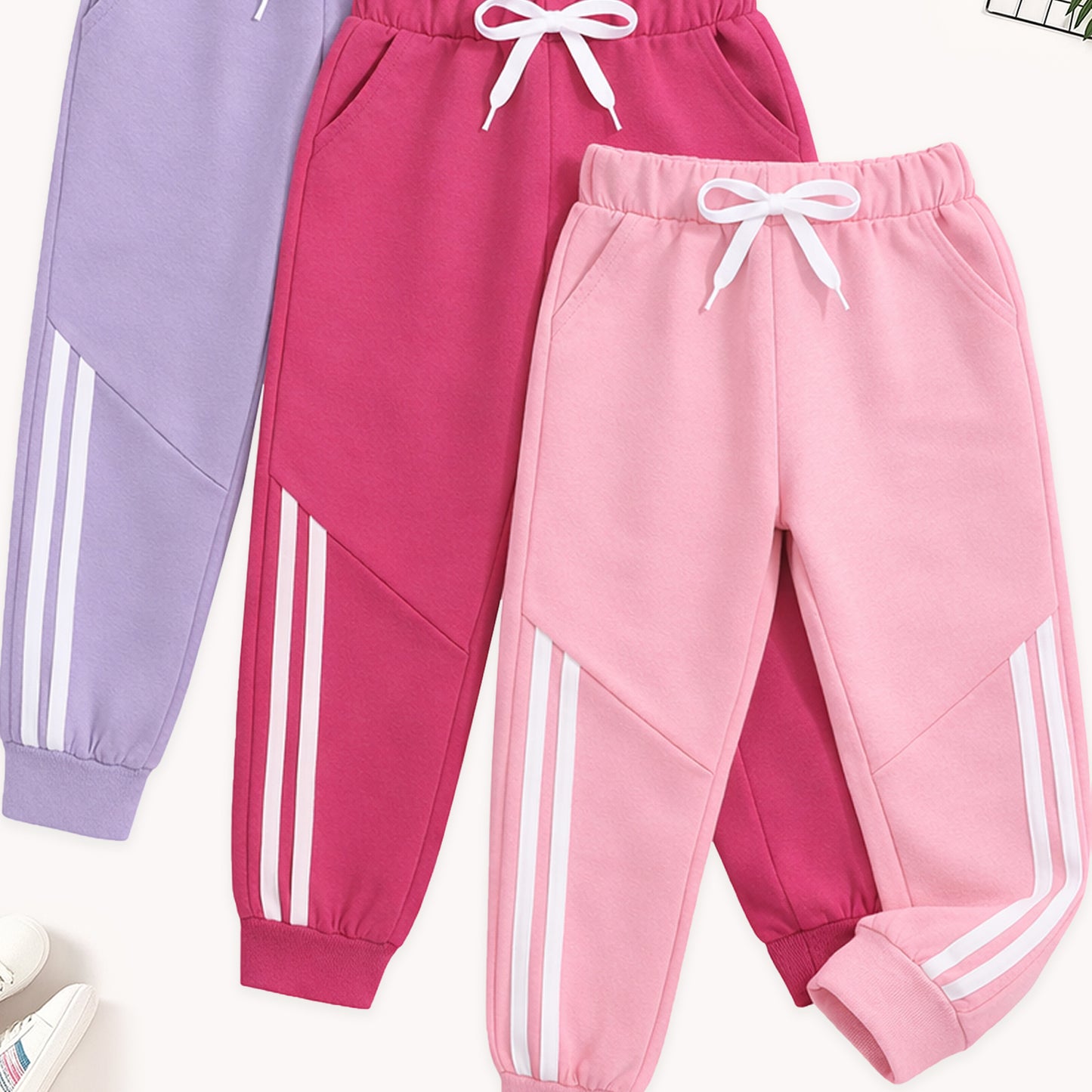 Kuchipoo Girls Cotton Jogger Pants with Side Stripe Design, Elastic Waist & Drawstring – Soft & Comfortable Track Pants for Kids – Pack of 3