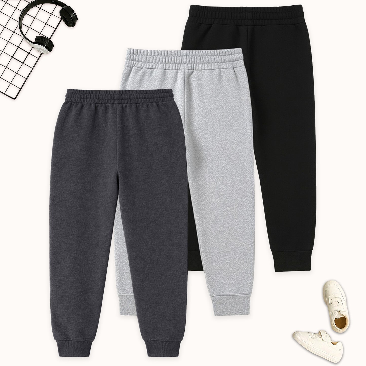 Kuchipoo Boys Cotton Track Pants | Pocket Joggers with Elastic Waist & Drawstring | Soft & Comfortable Casual Wear | Pack of 3