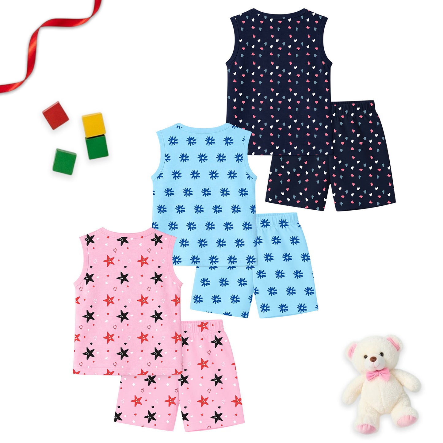 Kuchipoo Girls Cotton T-Shirt & Shorts Set | Half Sleeve Round Neck Top with Elastic Waist Shorts | Soft & Comfortable Casual Wear for Kids | Pack of 3