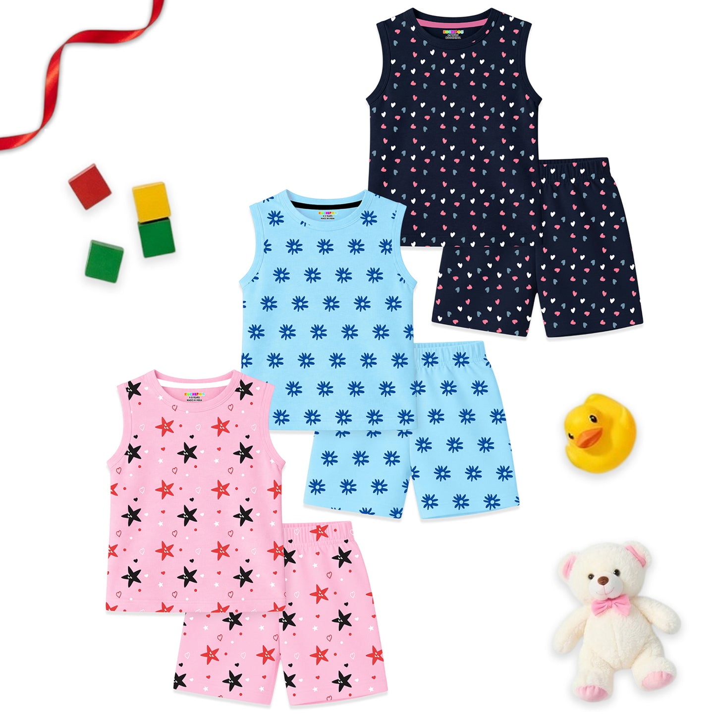 Kuchipoo Girls Cotton T-Shirt & Shorts Set | Half Sleeve Round Neck Top with Elastic Waist Shorts | Soft & Comfortable Casual Wear for Kids | Pack of 3