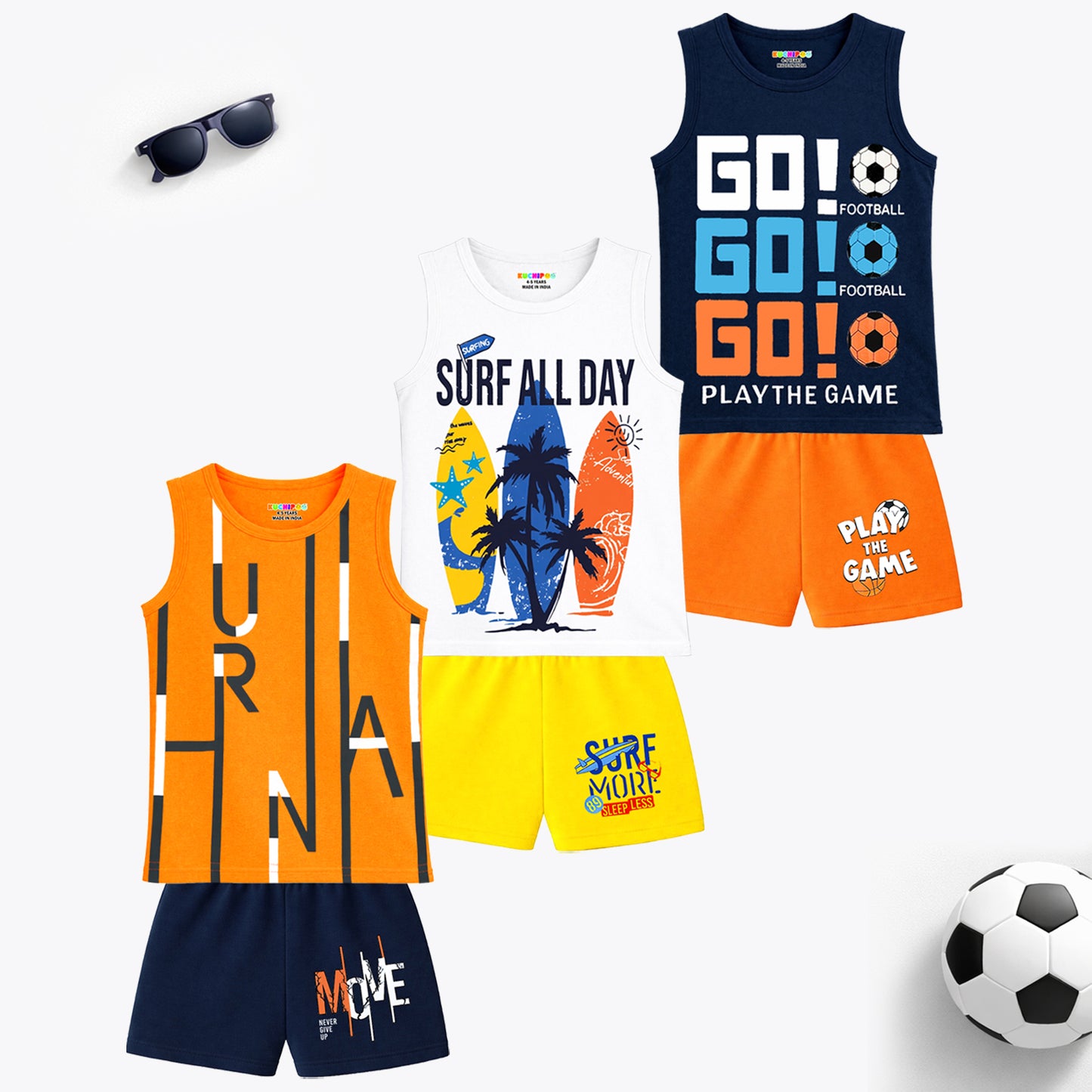 Kuchipoo Boys Regular Fit Sleeveless T-Shirts and Shorts Set - Pack of 3