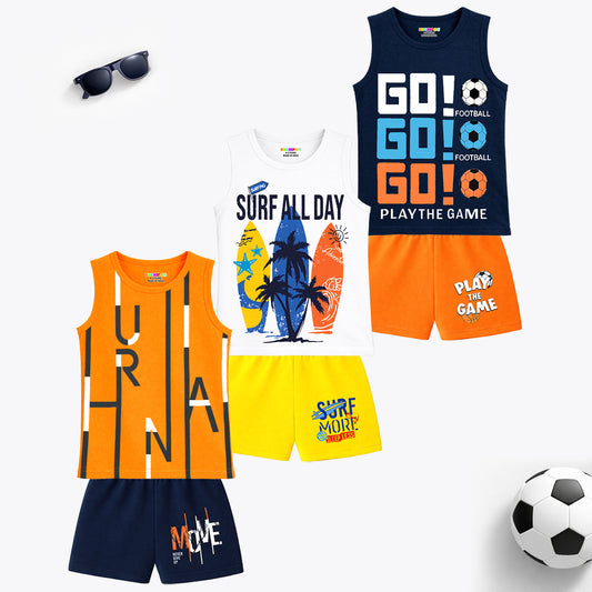 Kuchipoo Boys Regular Fit Sleeveless T-Shirts and Shorts Set - Pack of 3