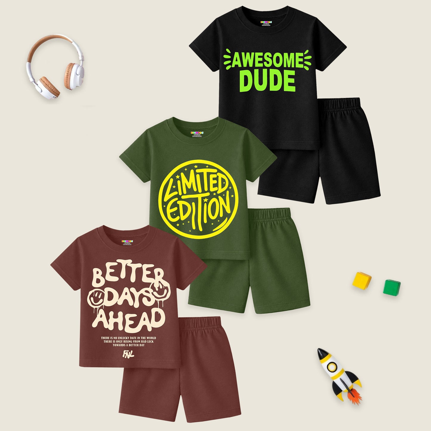 Kuchipoo Boys Cotton T-Shirt & Shorts Set | Half Sleeve Round Neck Top with Elastic Waist Shorts | Soft & Comfortable Casual Wear for Kids | Pack of 3