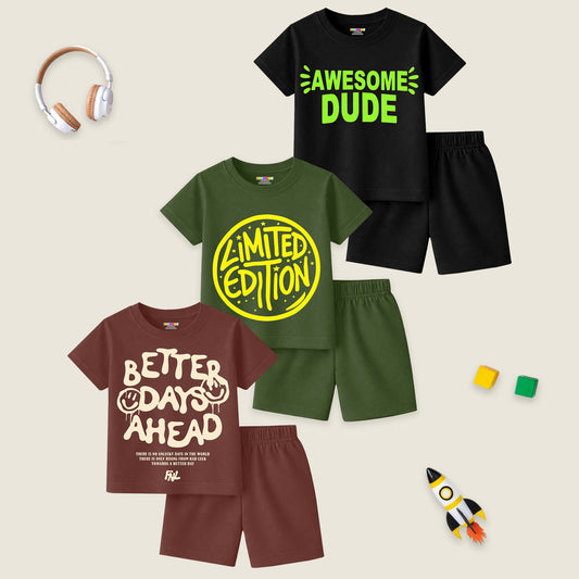 Kuchipoo Boys Cotton T-Shirt & Shorts Set | Half Sleeve Round Neck Top with Elastic Waist Shorts | Soft & Comfortable Casual Wear for Kids | Pack of 3